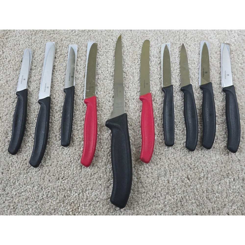 Victorinox Swiss Made Kitchen Knife Set 10pc Paring Serrated Fillet Black Red